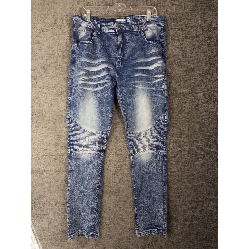 Y2K Mecca Jeans‎ Mens (38x32) 34x32 Blue Moto Acid Wash Rugged Distressed Slim
